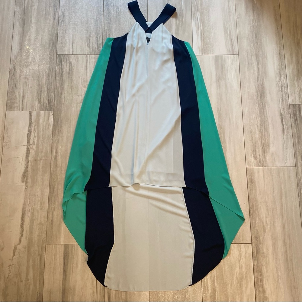 BCBG Maxazaria ColorBlock Navy & Green High Low Dress with Keyhole Neck, Small